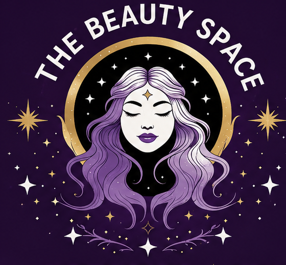 The Beauty Space logo: a woman with lavender hair inside a gold crescent moon, surrounded by stars